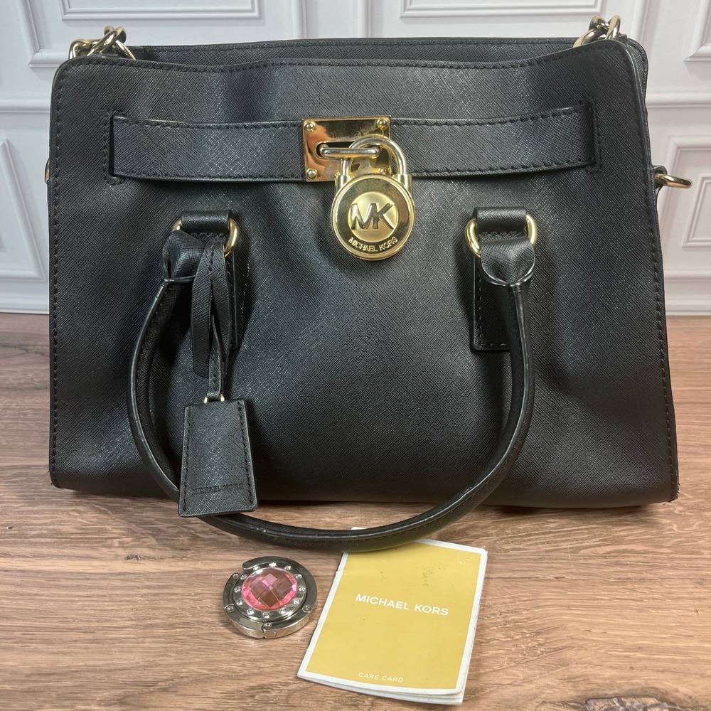 Michael Kors Hamilton Satchel Womens Medium Black Saffiano Leather Gold Padlock